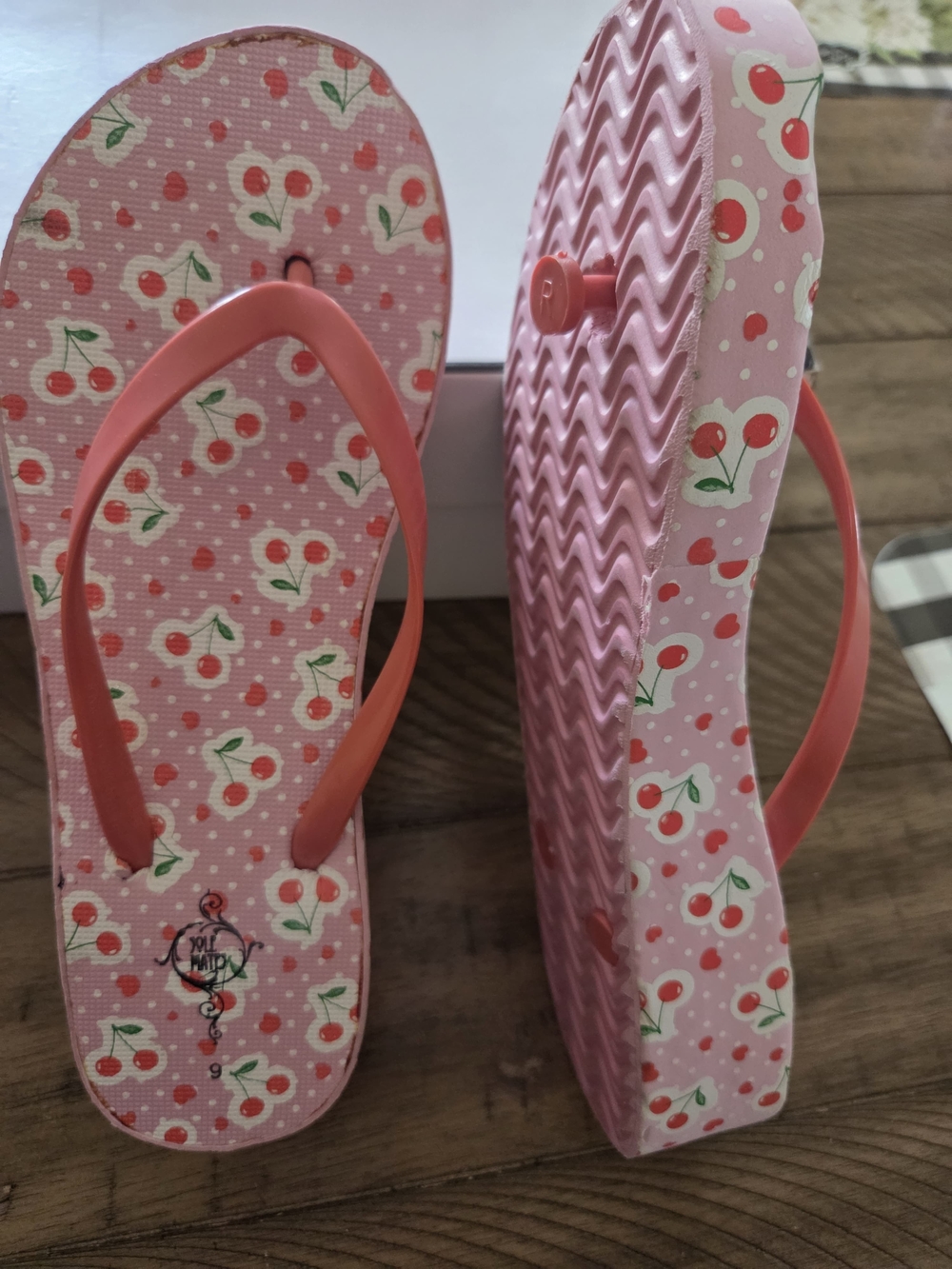 Primark Pink Cherry Print Flip Flops with Coral Straps